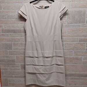 TAHARI Cap Sleeve Stretch Gabardine Knee-Length Tucked Sheath Dress Sz 10Ecru